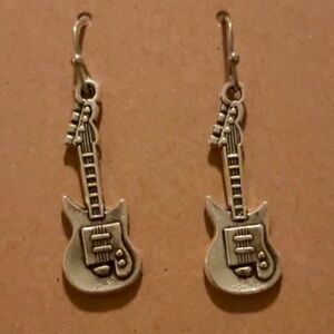 Guitar-Shaped Dangle Earrings - Silver Tone